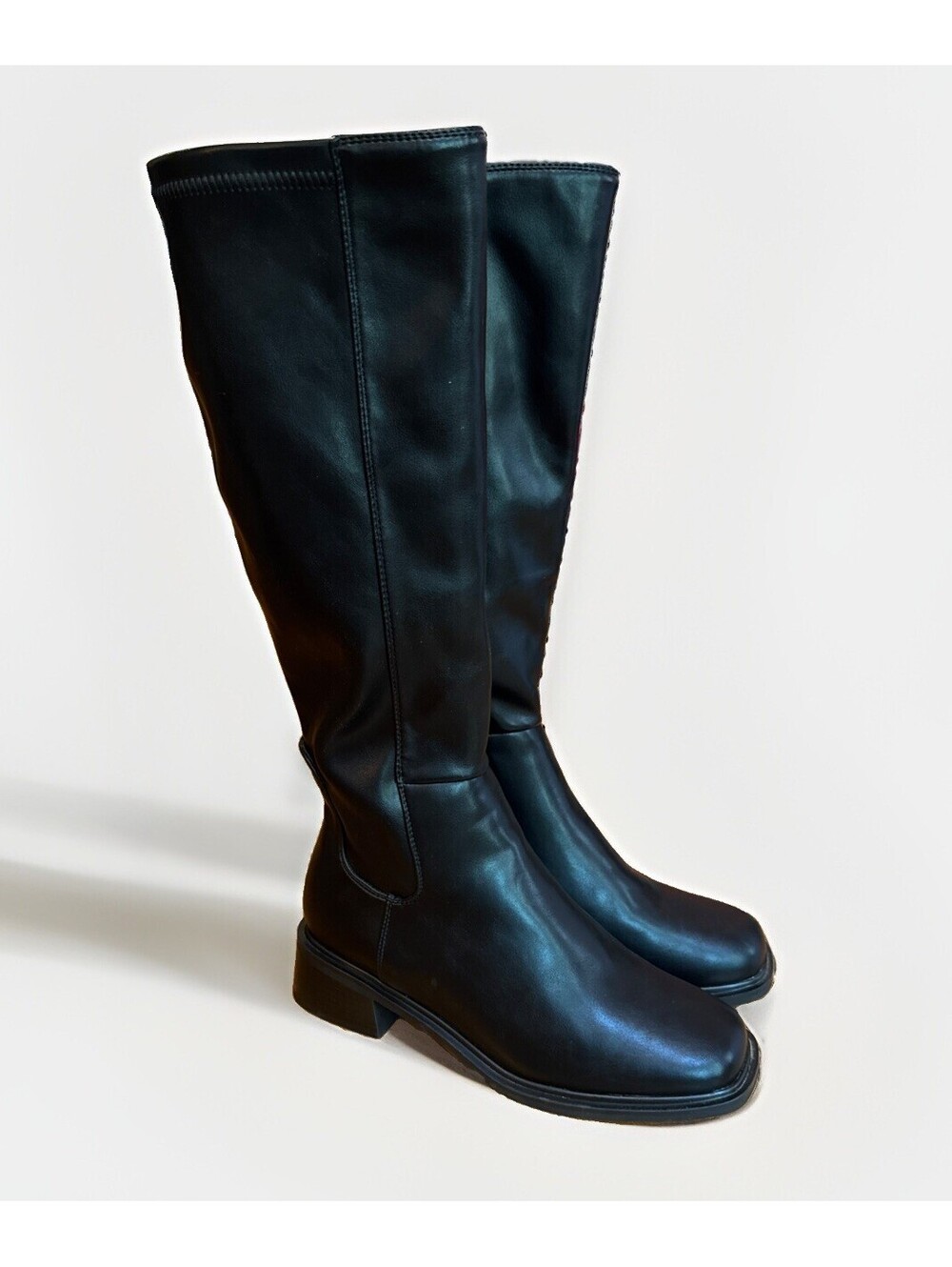 New QIY Black Knee High Square Toe Block Heel Boots Size 8